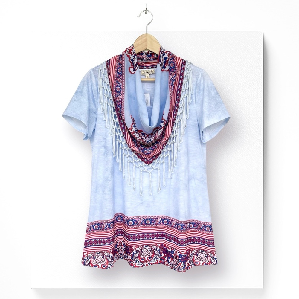Removable Scarf Bohemian Wear 2 Ways Top Border Print Short Sleeve Round Neck